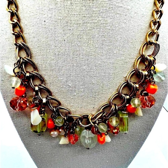 Chunky Gold  Tone Chain  Necklace W/ Colorful Beads & Charms   A48 - Picture 2 of 7
